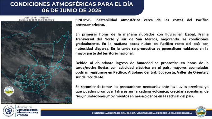 Insivumeh pronostica lluvias y actividad eléctrica para esta tarde y noche en Guatemala