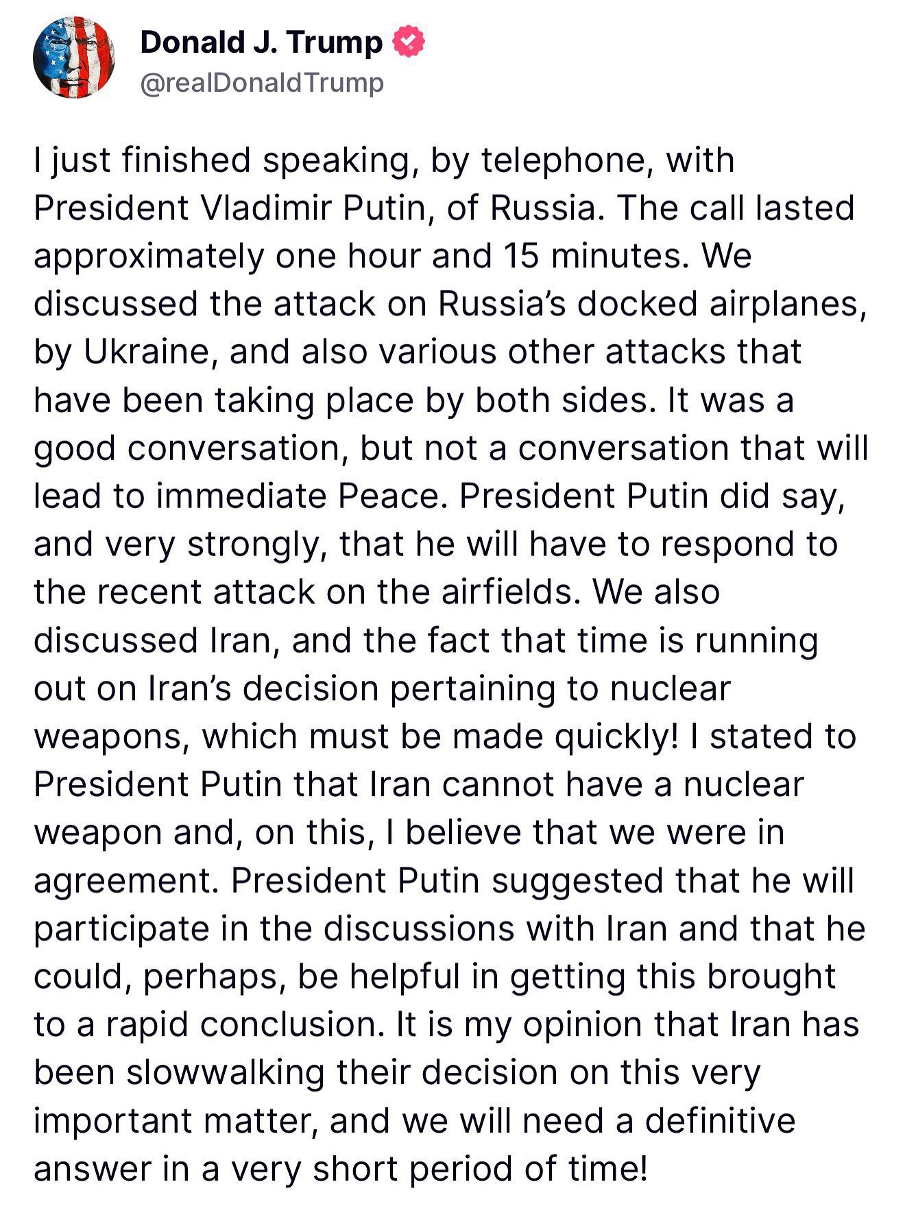 Presidente Trump sostiene conversación telefónica con Vladimir Putin sobre ataques ucranianos e Irán