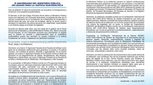 Ministerio Público celebra 31 años de servicio.