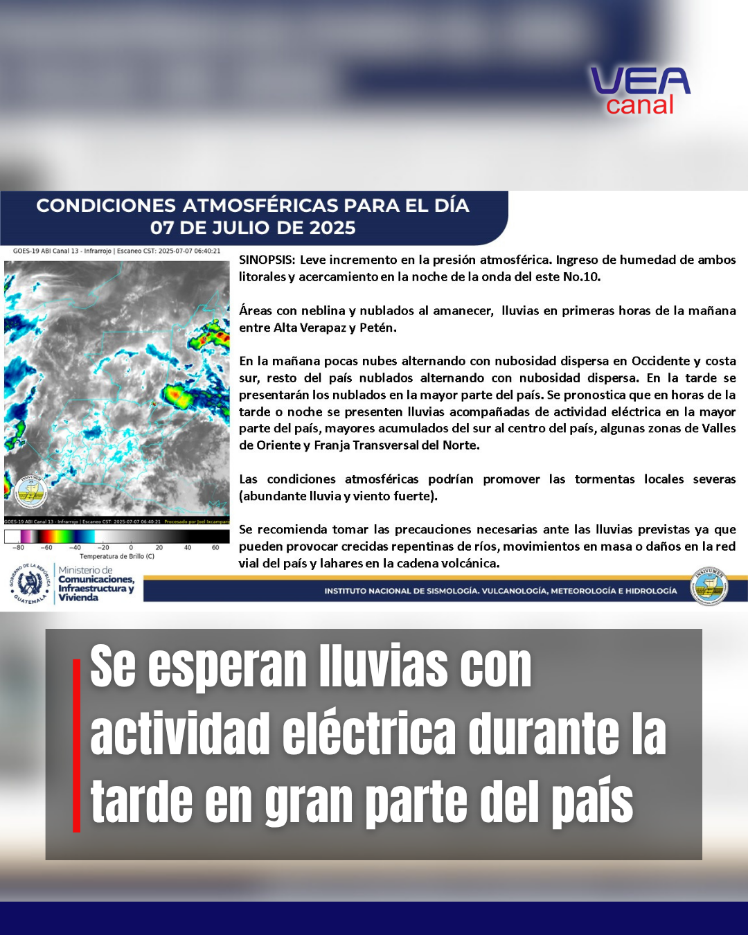 Se esperan lluvias con actividad eléctrica durante la tarde en gran parte del país